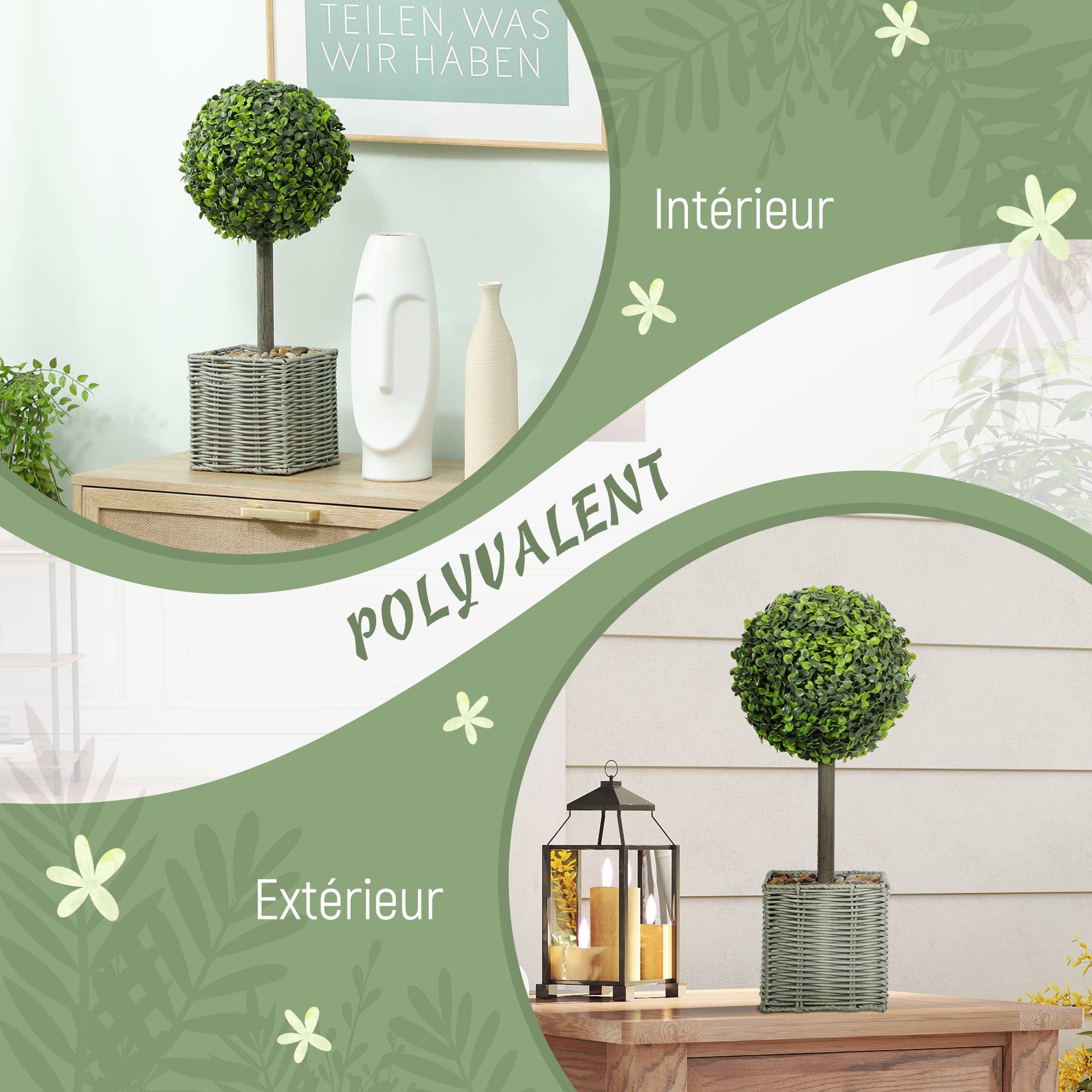 Lot 2 boules buis artificiel plastique tressé intérieur extérieur anti-basculement 50cm vert - ComfortXL Outdoor Living - Image 7