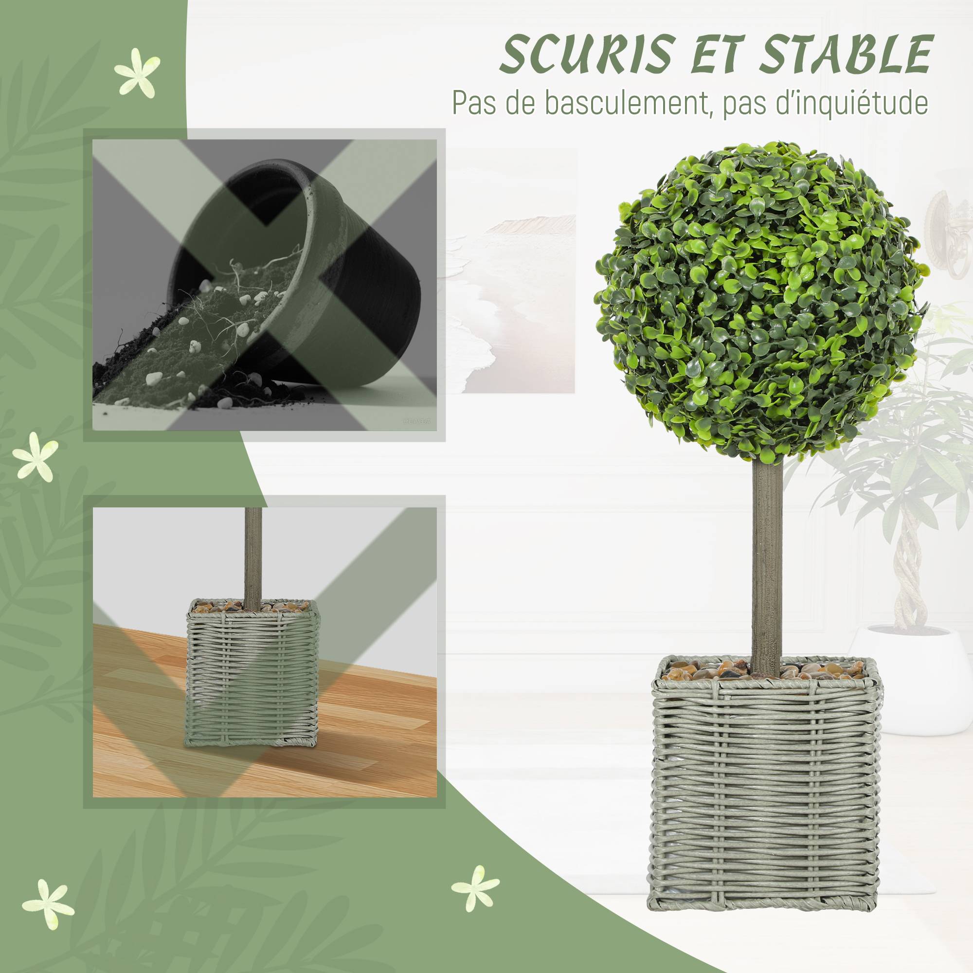 Lot 2 boules buis artificiel plastique tressé intérieur extérieur anti-basculement 50cm vert - ComfortXL Outdoor Living - Image 9