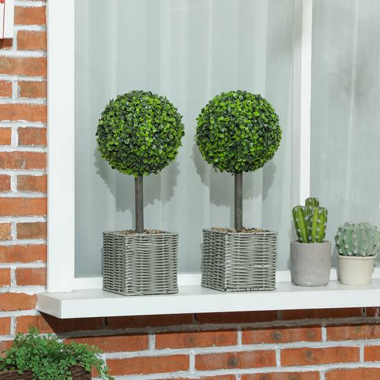 Lot 2 boules buis artificiel plastique tressé intérieur extérieur anti-basculement 50cm vert - ComfortXL Outdoor Living - Image 3