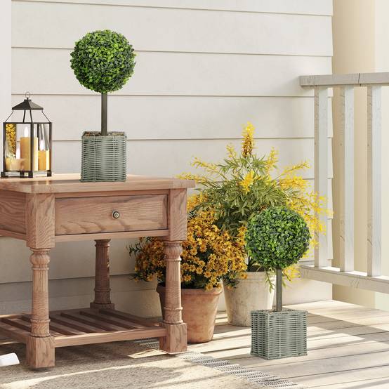 Lot 2 boules buis artificiel plastique tressé intérieur extérieur anti-basculement 50cm vert - ComfortXL Outdoor Living - Image 10
