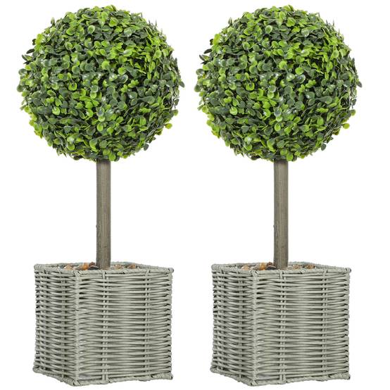 Lot 2 boules buis artificiel plastique tressé intérieur extérieur anti-basculement 50cm vert - ComfortXL Outdoor Living - Image 2