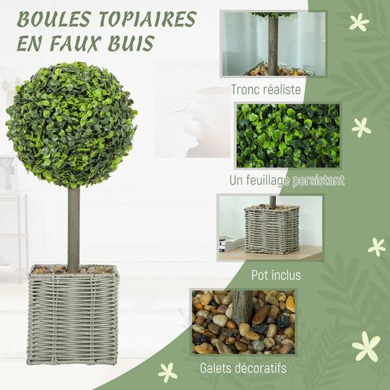 Lot 2 boules buis artificiel plastique tressé intérieur extérieur anti-basculement 50cm vert - ComfortXL Outdoor Living - Image 6
