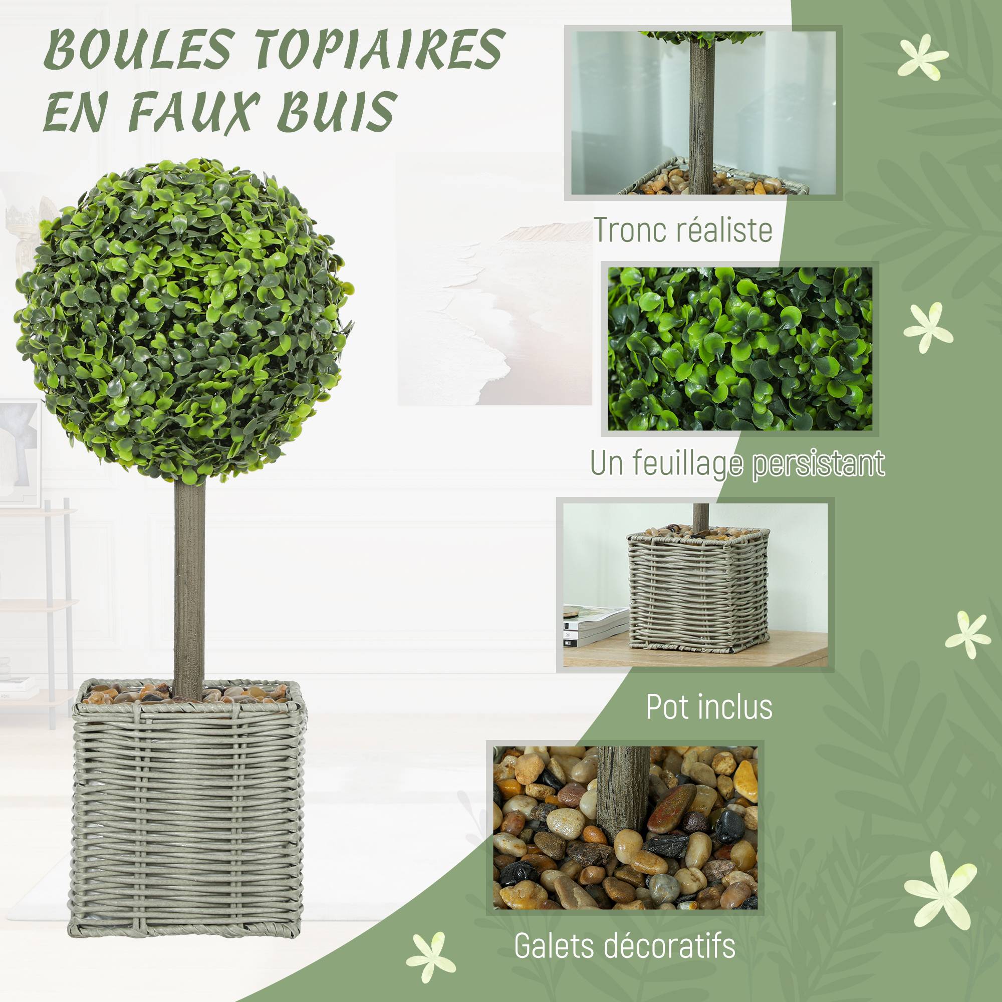 Lot 2 boules buis artificiel plastique tressé intérieur extérieur anti-basculement 50cm vert - ComfortXL Outdoor Living - Image 6