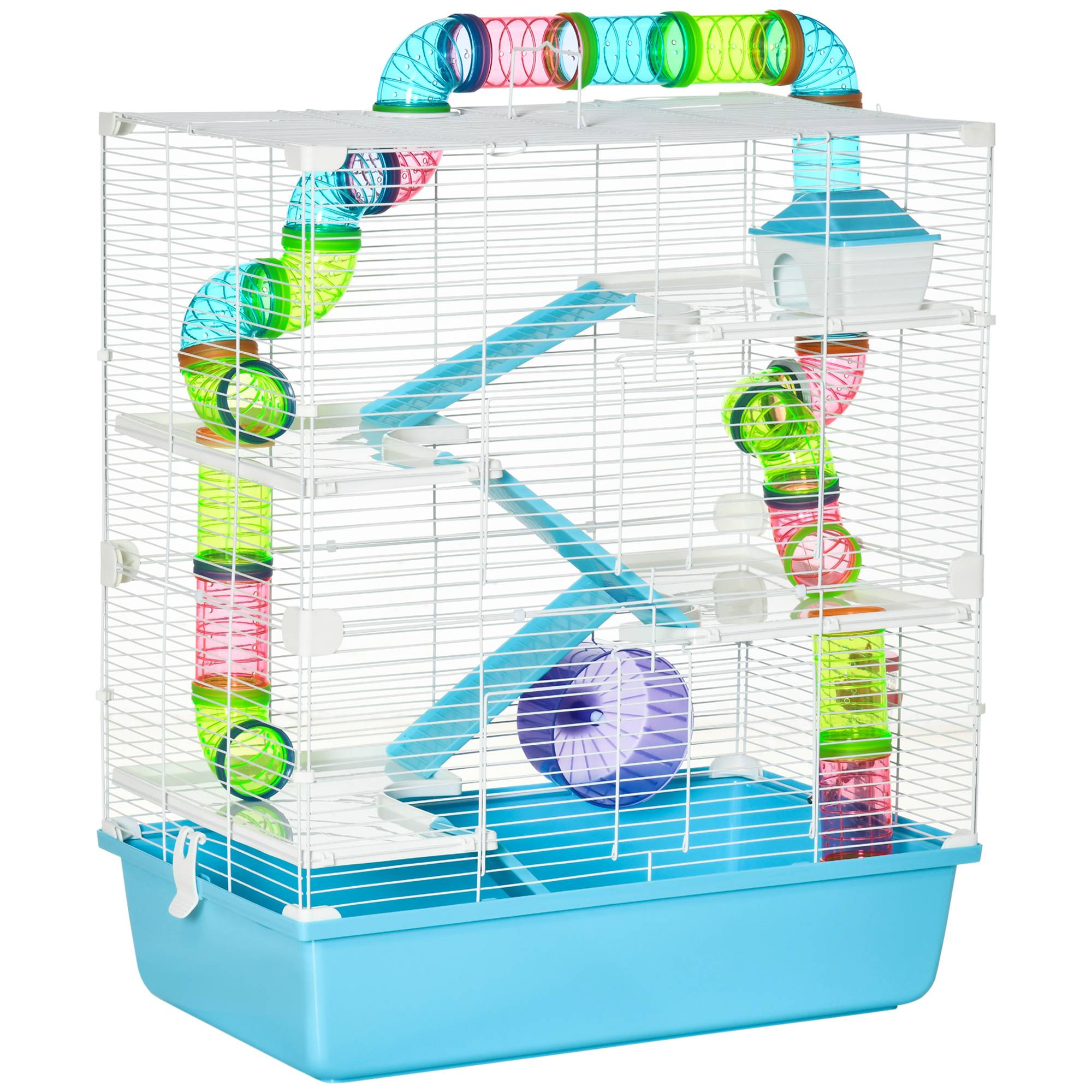 Grande cage hamster rongeur 5 niveaux tunnels abreuvoir roue maisonnette échelles, 59x36x69cm - Image 1