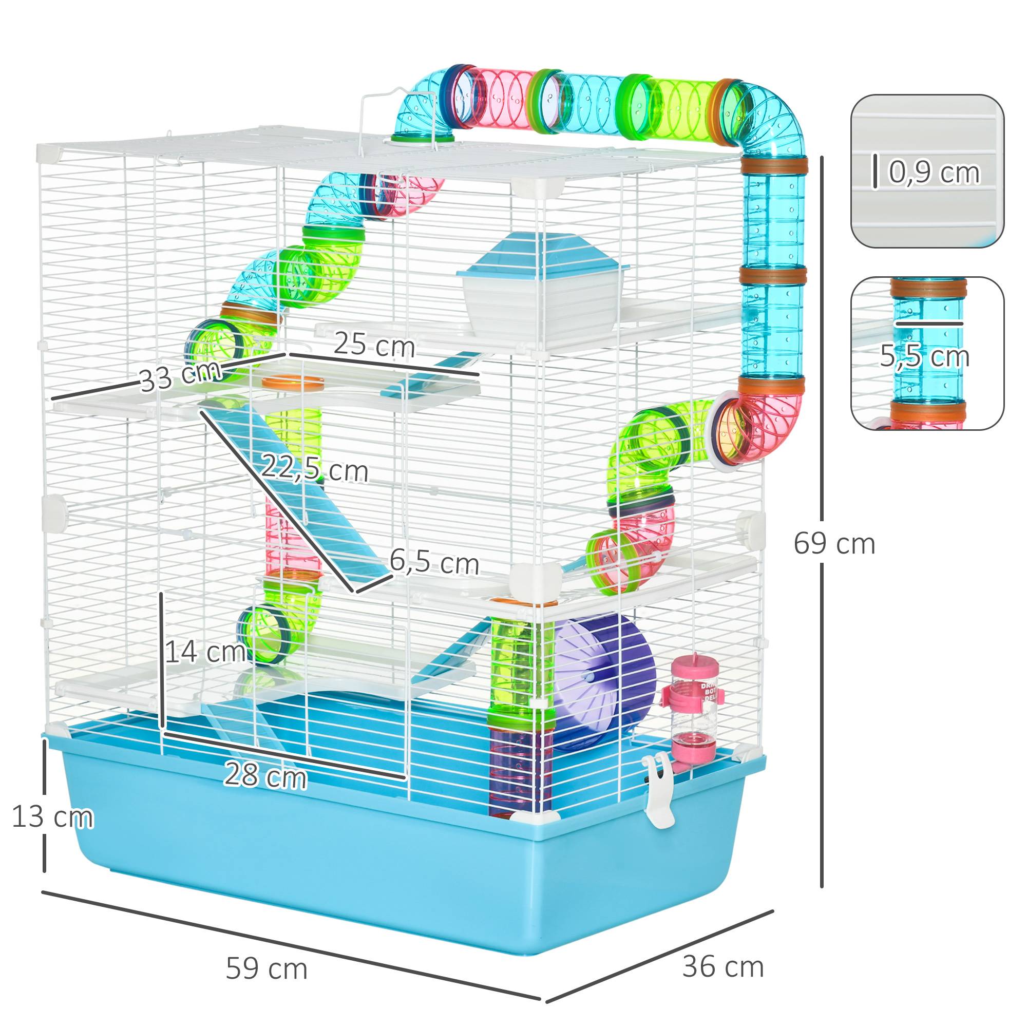 Grande cage hamster rongeur 5 niveaux tunnels abreuvoir roue maisonnette échelles, 59x36x69cm - Image 5