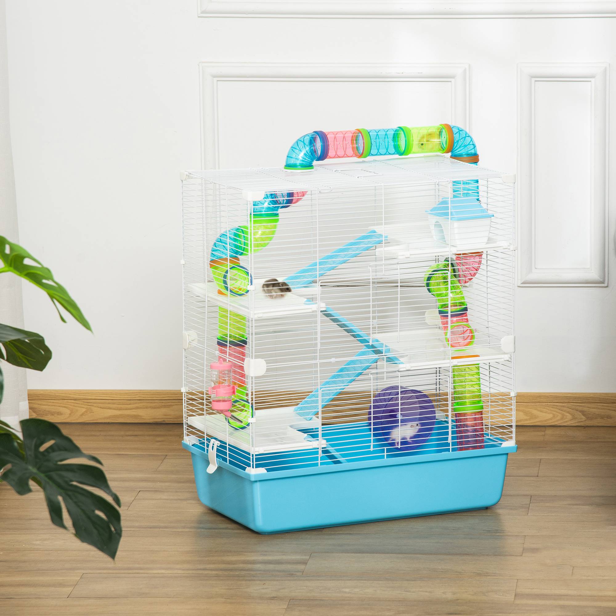 Grande cage hamster rongeur 5 niveaux tunnels abreuvoir roue maisonnette échelles, 59x36x69cm - Image 4