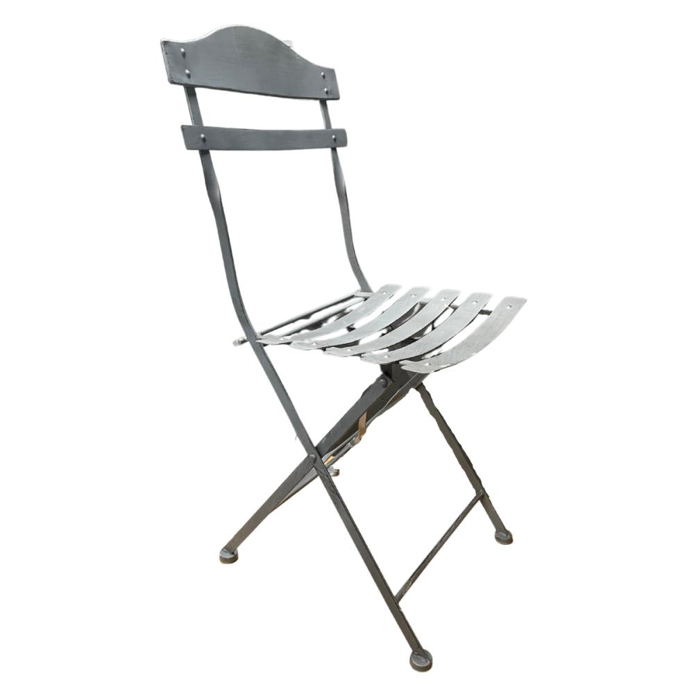 ~Chaise pliante jardin extérieur ancien fer métal gris 88cm Chemin de campagne - Image 1