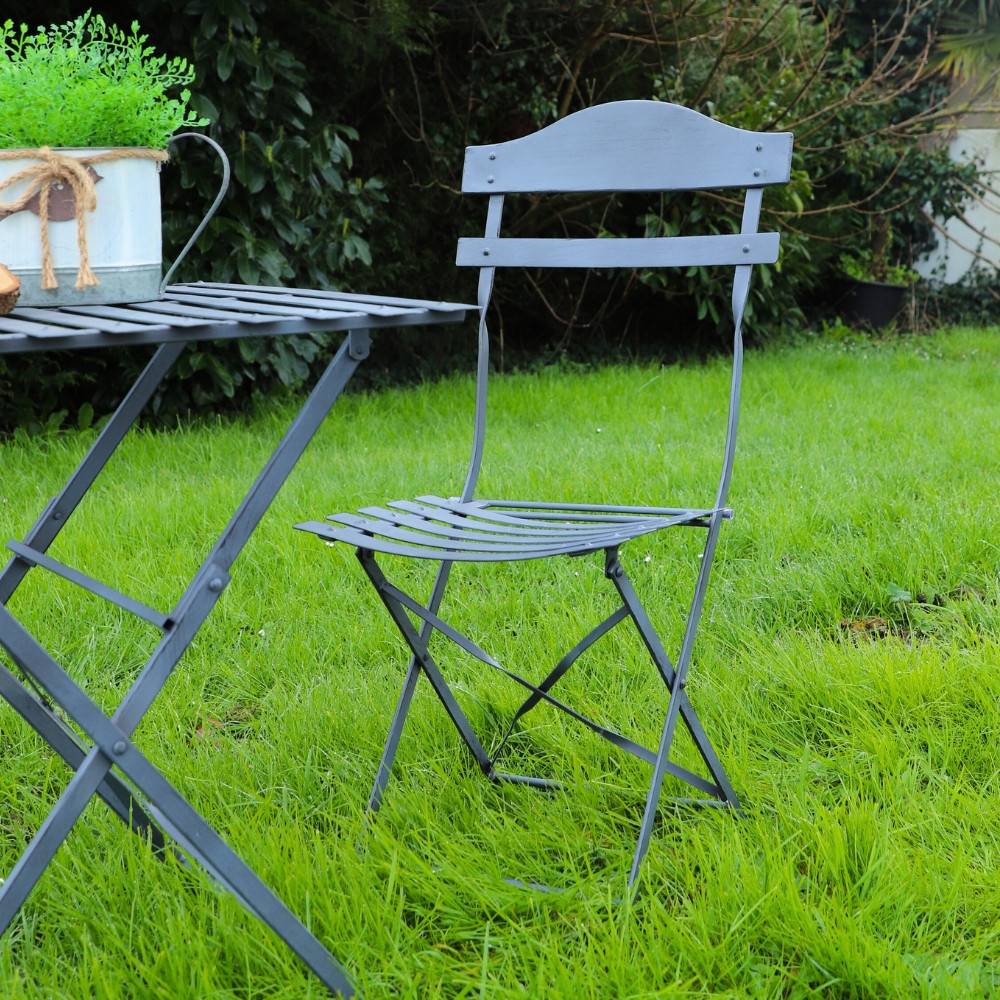 ~Chaise pliante jardin extérieur ancien fer métal gris 88cm Chemin de campagne - Image 5