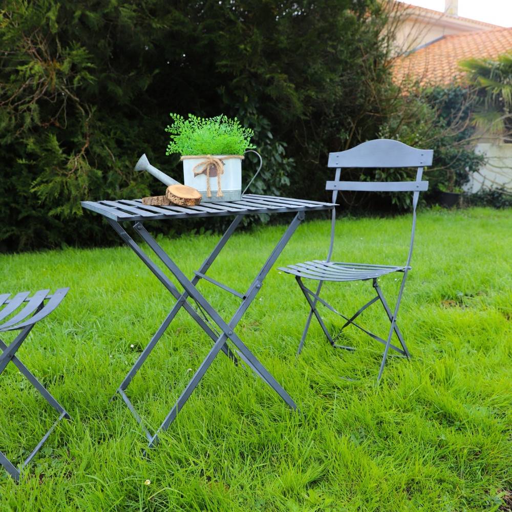 ~Chaise pliante jardin extérieur ancien fer métal gris 88cm Chemin de campagne - Image 4