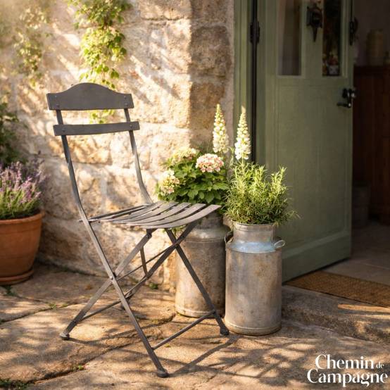 ~Chaise pliante jardin extérieur ancien fer métal gris 88cm Chemin de campagne - Image 2