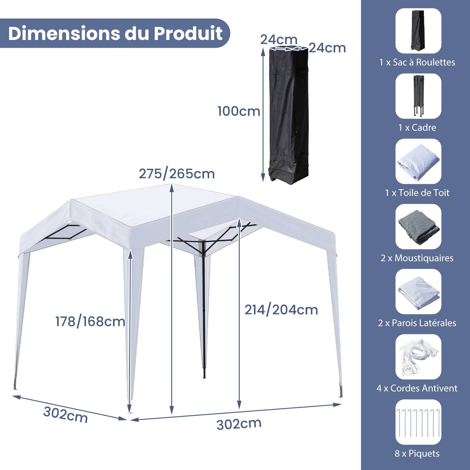 Tonnelle de Jardin Pliable Pop-up 3 x 3m avec 4 Parois Latérales, Tente Réception avec Filet en Maille Sac à roulettes 8 Piquets 4 Cordes à Vent,Blanc - Image 4