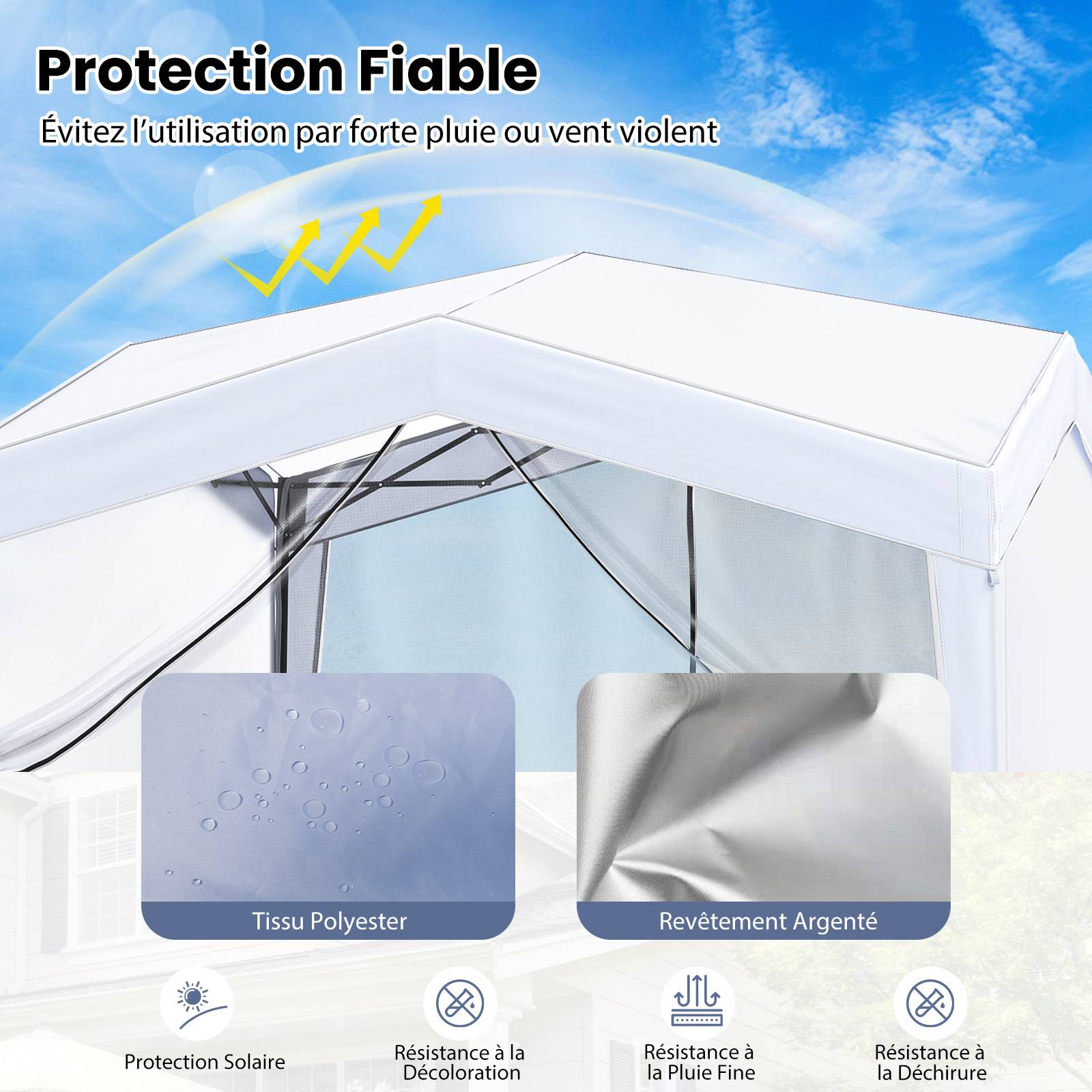 Tonnelle de Jardin Pliable Pop-up 3 x 3m avec 4 Parois Latérales, Tente Réception avec Filet en Maille Sac à roulettes 8 Piquets 4 Cordes à Vent,Blanc - Image 5
