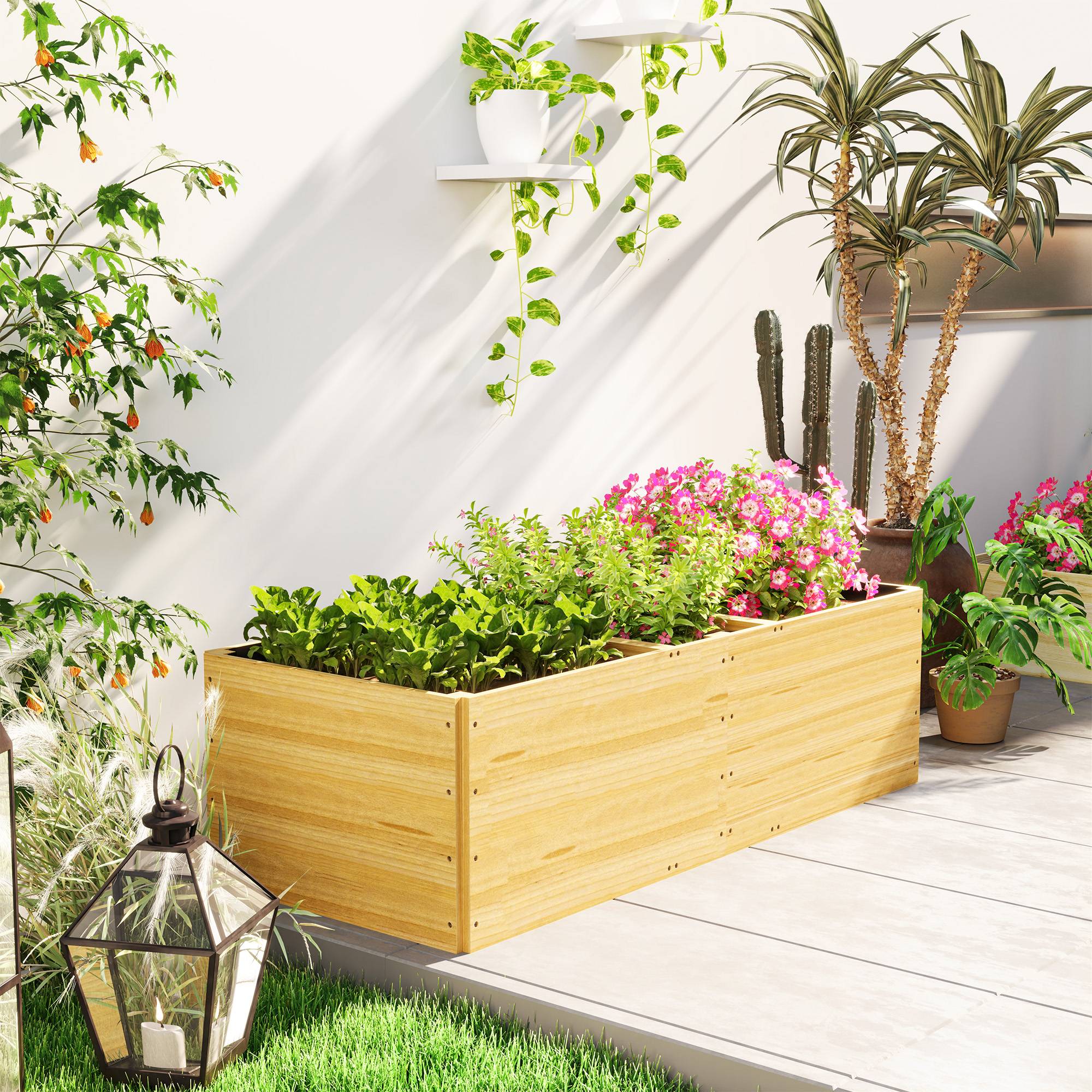 Jardinière extérieur, carré potager en bois, 3 compartiments de plantation et doublure inclus, 140x60x40cm, naturel - Image 10