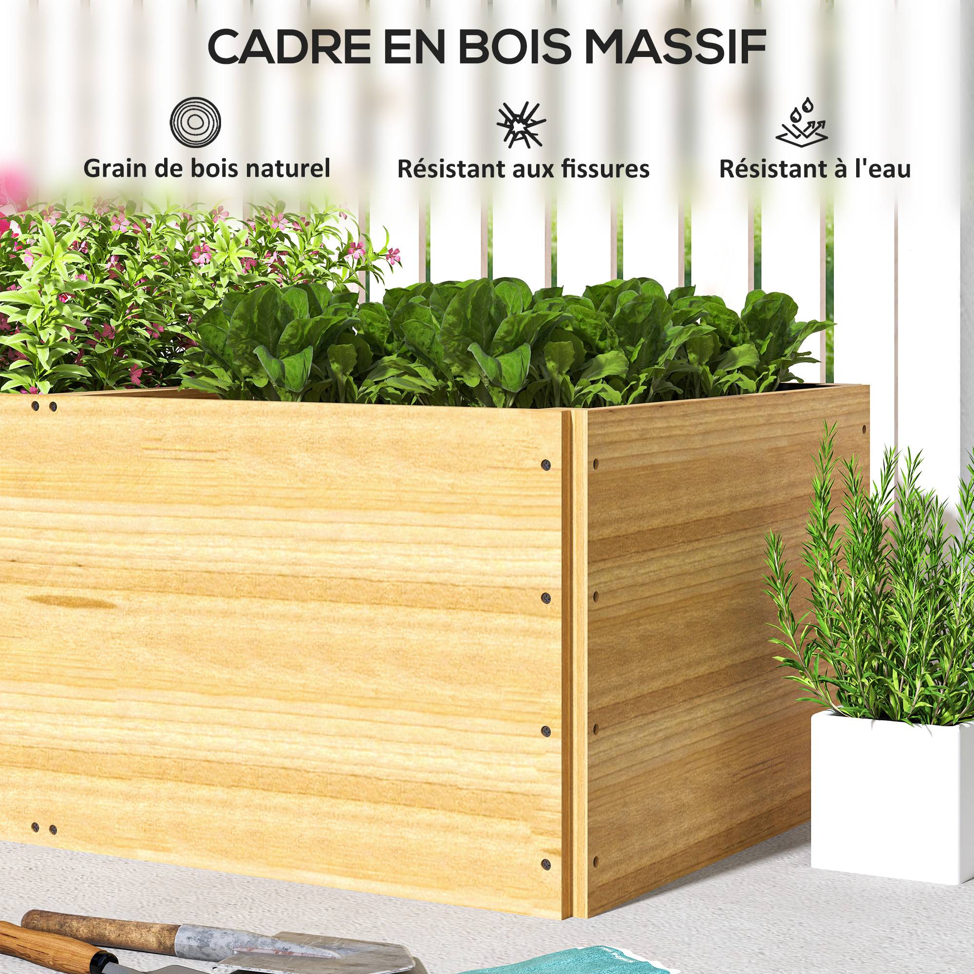 Jardinière extérieur, carré potager en bois, 3 compartiments de plantation et doublure inclus, 140x60x40cm, naturel - Image 9