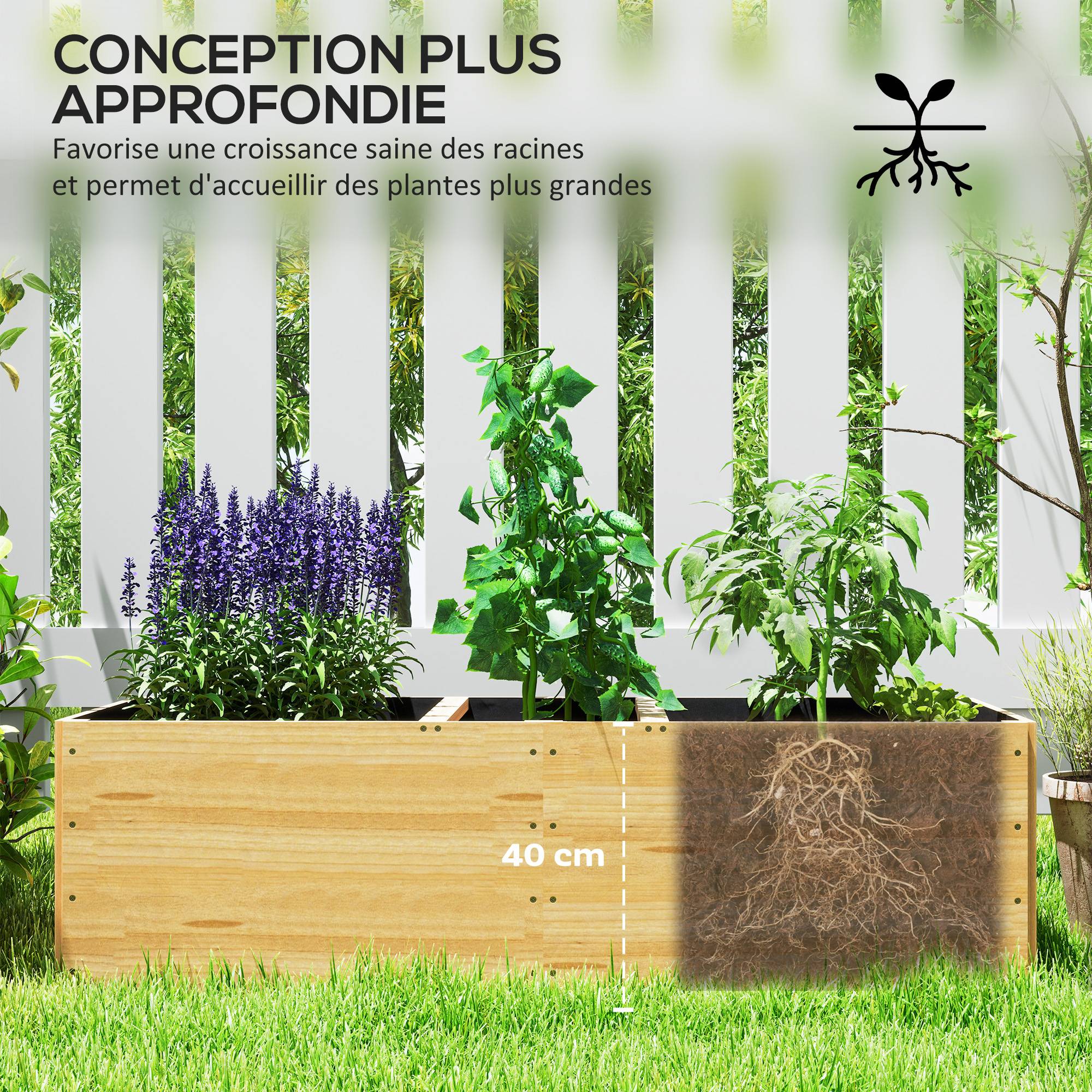 Jardinière extérieur, carré potager en bois, 3 compartiments de plantation et doublure inclus, 140x60x40cm, naturel - Image 7