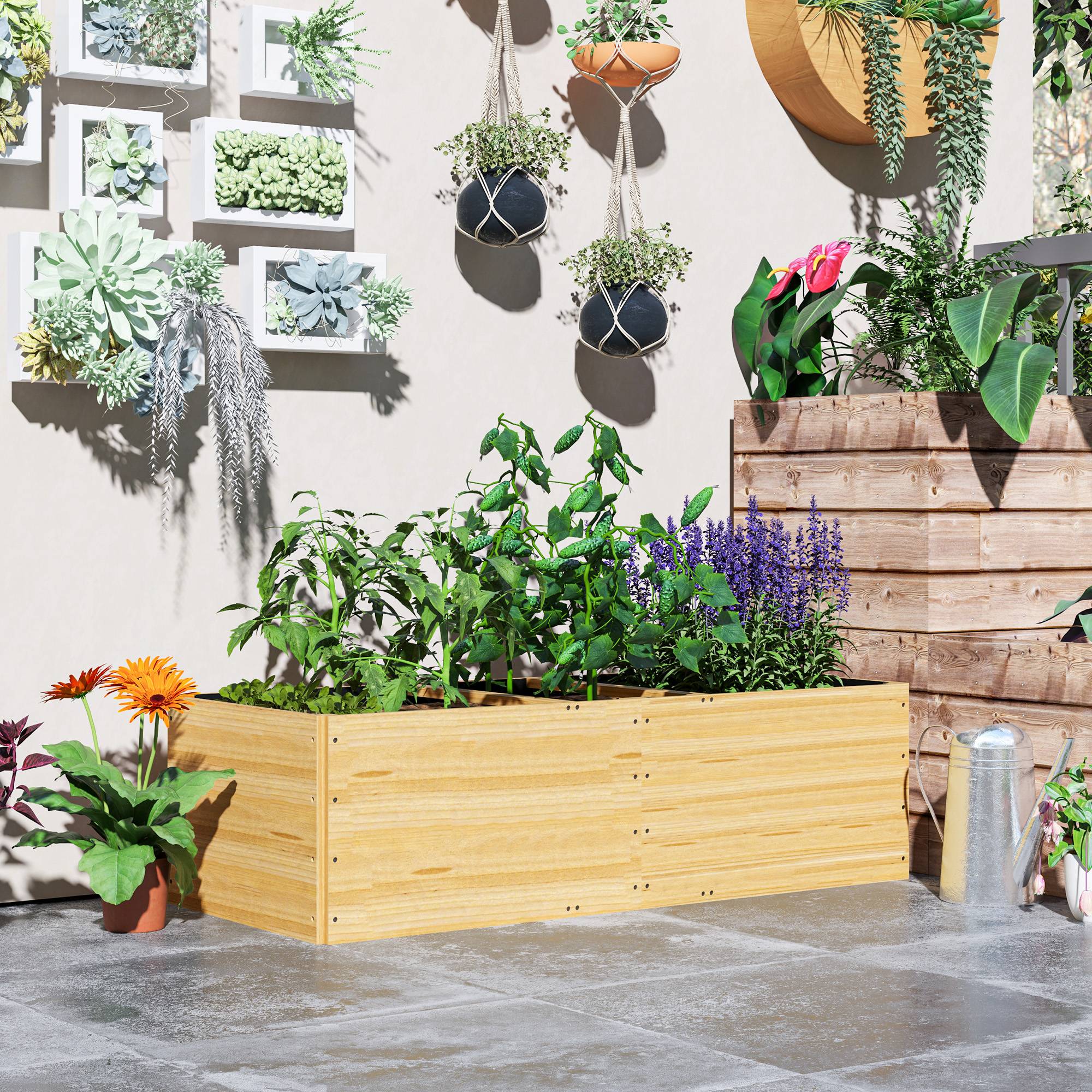 Jardinière extérieur, carré potager en bois, 3 compartiments de plantation et doublure inclus, 140x60x40cm, naturel - Image 4