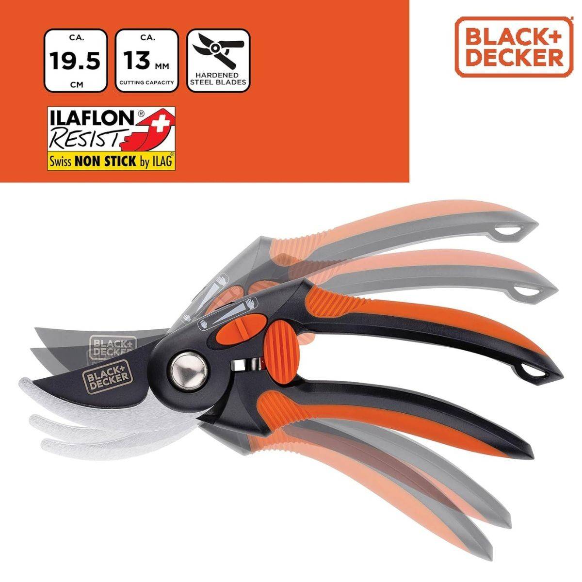 Sécateur de jardin 19.5cm Lame acier haute qualité Revetement anti-adhésif Coupe 13mm Black et Decker - Image 3