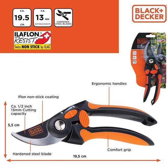 Sécateur de jardin 19.5cm Lame acier haute qualité Revetement anti-adhésif Coupe 13mm Black et Decker - Image 7