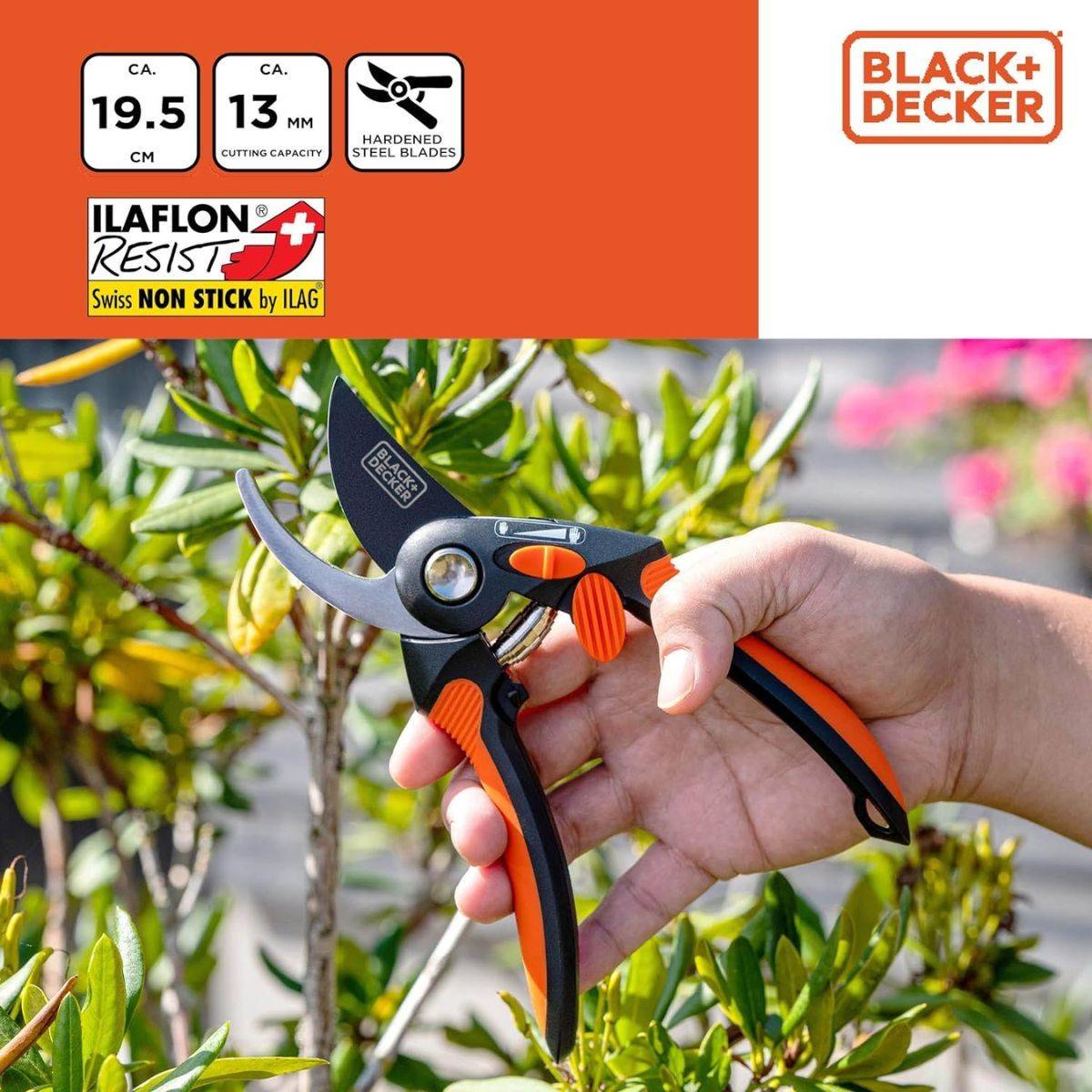 Sécateur de jardin 19.5cm Lame acier haute qualité Revetement anti-adhésif Coupe 13mm Black et Decker - Image 4