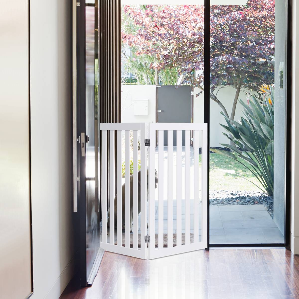Barrière Autoportante pour Chien 2 Panneaux en Bois Charnières Métalliques à 360° Antidérapants pour Maison Escaliers Blanc - Image 2