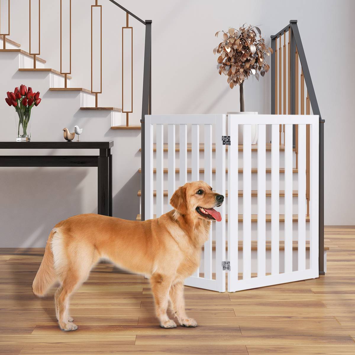 Barrière Autoportante pour Chien 2 Panneaux en Bois Charnières Métalliques à 360° Antidérapants pour Maison Escaliers Blanc - Image 3