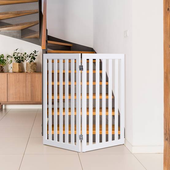 Barrière Autoportante pour Chien 2 Panneaux en Bois Charnières Métalliques à 360° Antidérapants pour Maison Escaliers Blanc - Image 4