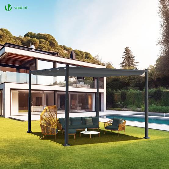 VOUNOT® Pergola rétractable 3x3m en metal et toile polyester haute densite 180 g/m² gris - Image 2