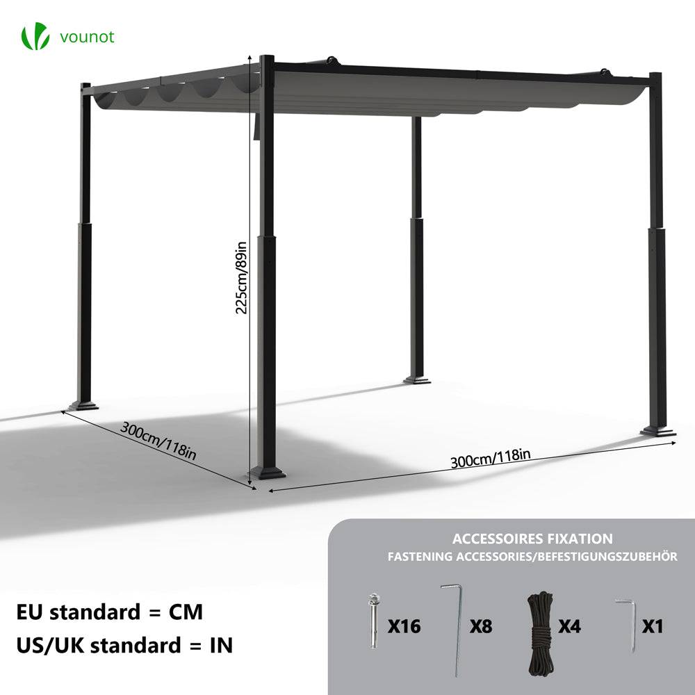 VOUNOT® Pergola rétractable 3x3m en metal et toile polyester haute densite 180 g/m² gris - Image 3
