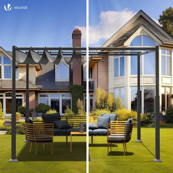 VOUNOT® Pergola rétractable 3x3m en metal et toile polyester haute densite 180 g/m² gris - Image 7