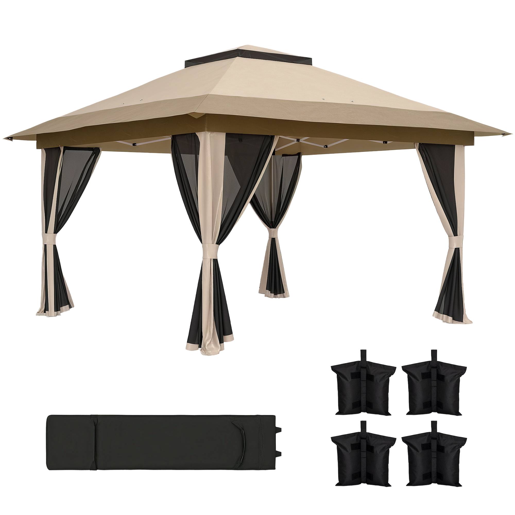 Tonnelle pliante 3,6 x 3,6 m avec parois en maille anti-UV50+, hauteur réglable, sac de transport à roulettes et sacs de lestage, beige - Image 1