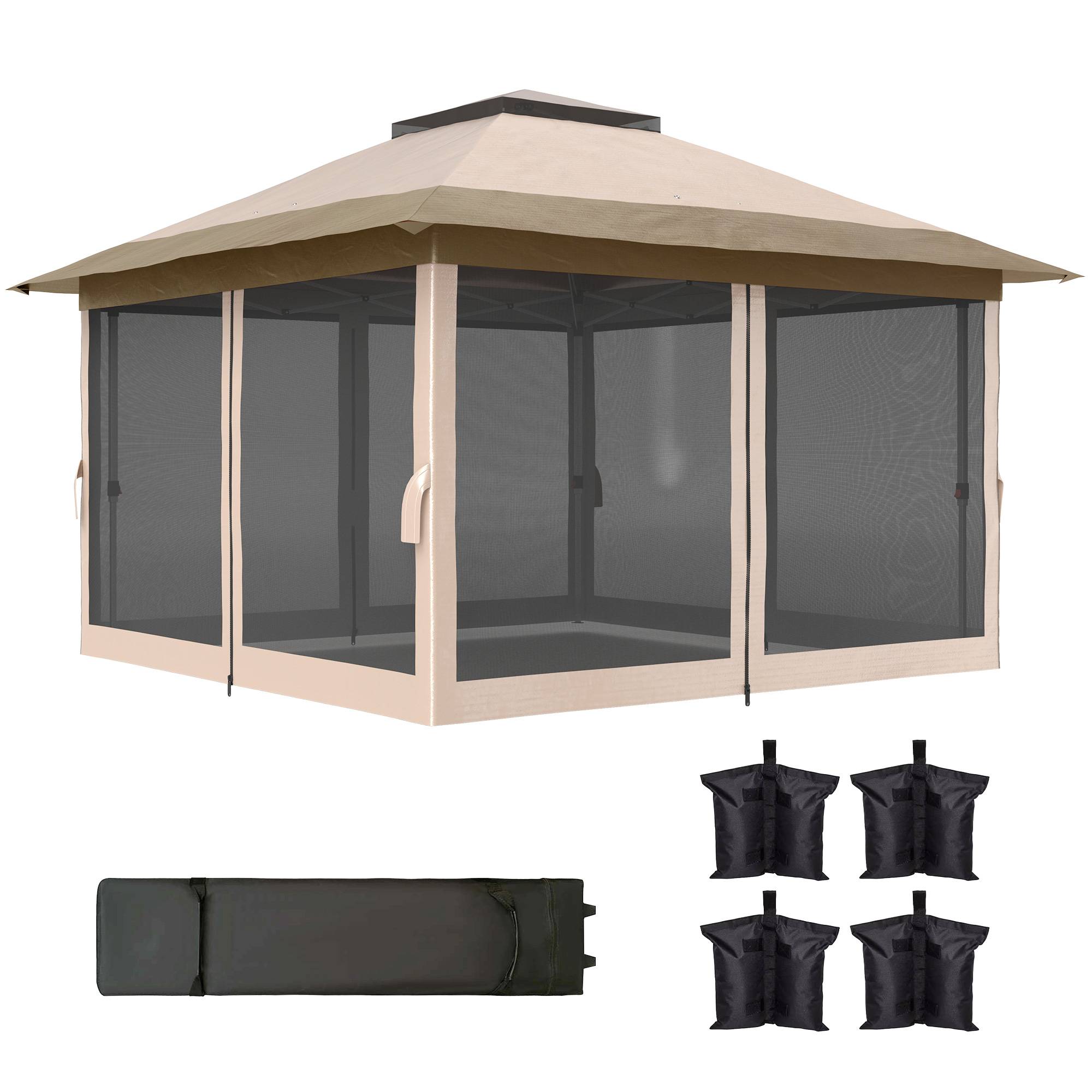 Tonnelle pliante 3,6 x 3,6 m avec parois en maille anti-UV50+, hauteur réglable, sac de transport à roulettes et sacs de lestage, beige - Image 2