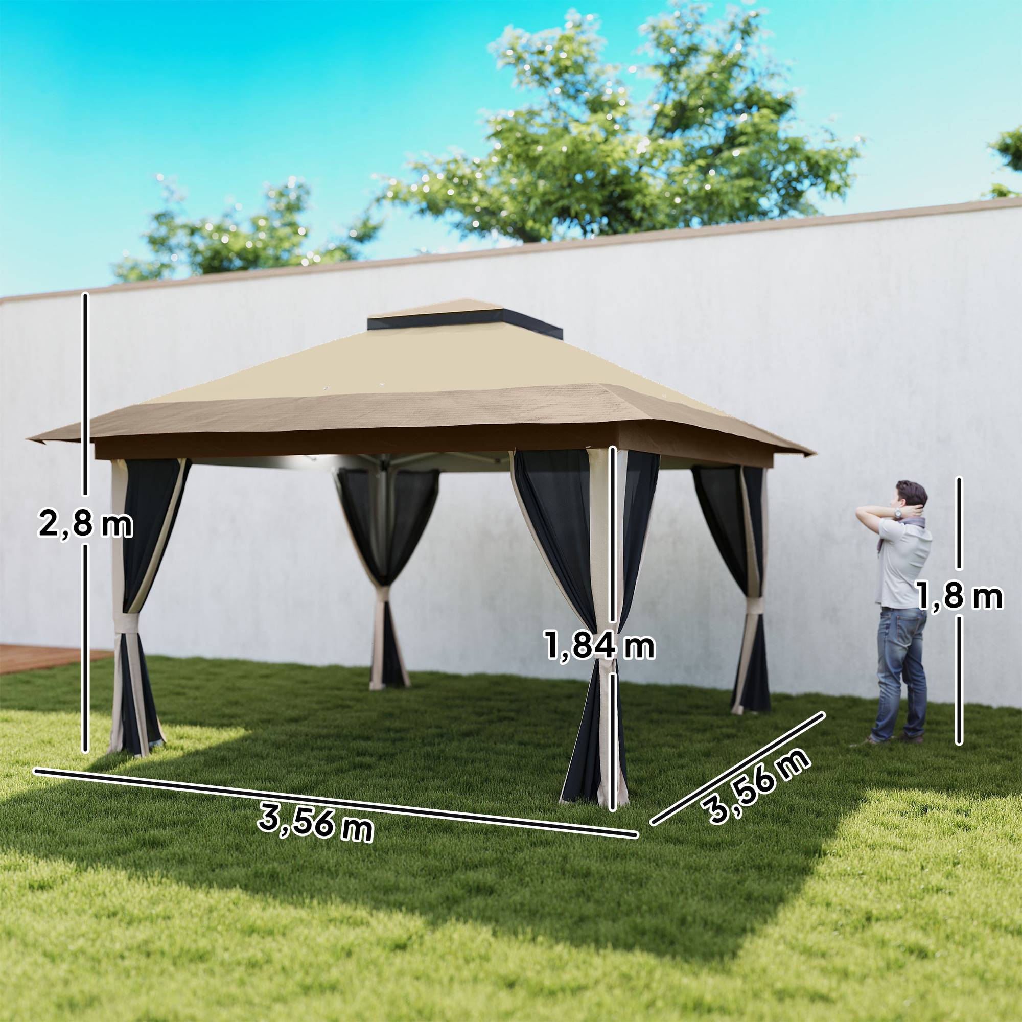 Tonnelle pliante 3,6 x 3,6 m avec parois en maille anti-UV50+, hauteur réglable, sac de transport à roulettes et sacs de lestage, beige - Image 5