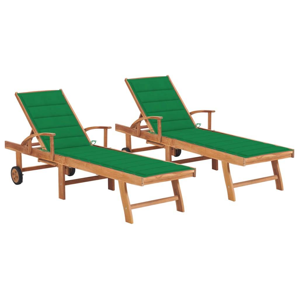 Helloshop26 - Lot de 2 transats chaise longue bain de soleil lit de jardin terrasse meuble d'extérieur avec coussin vert bois de teck solide - Image 1