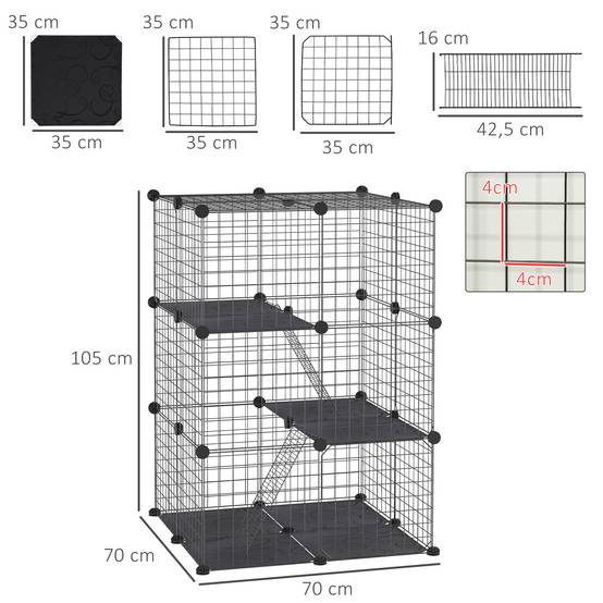 Cage Modulaire 3 Niveaux Métal Rongeurs Lapins Rampes Incluses 70x70x105cm Noir - ComfortXL Outdoor Living - Image 5