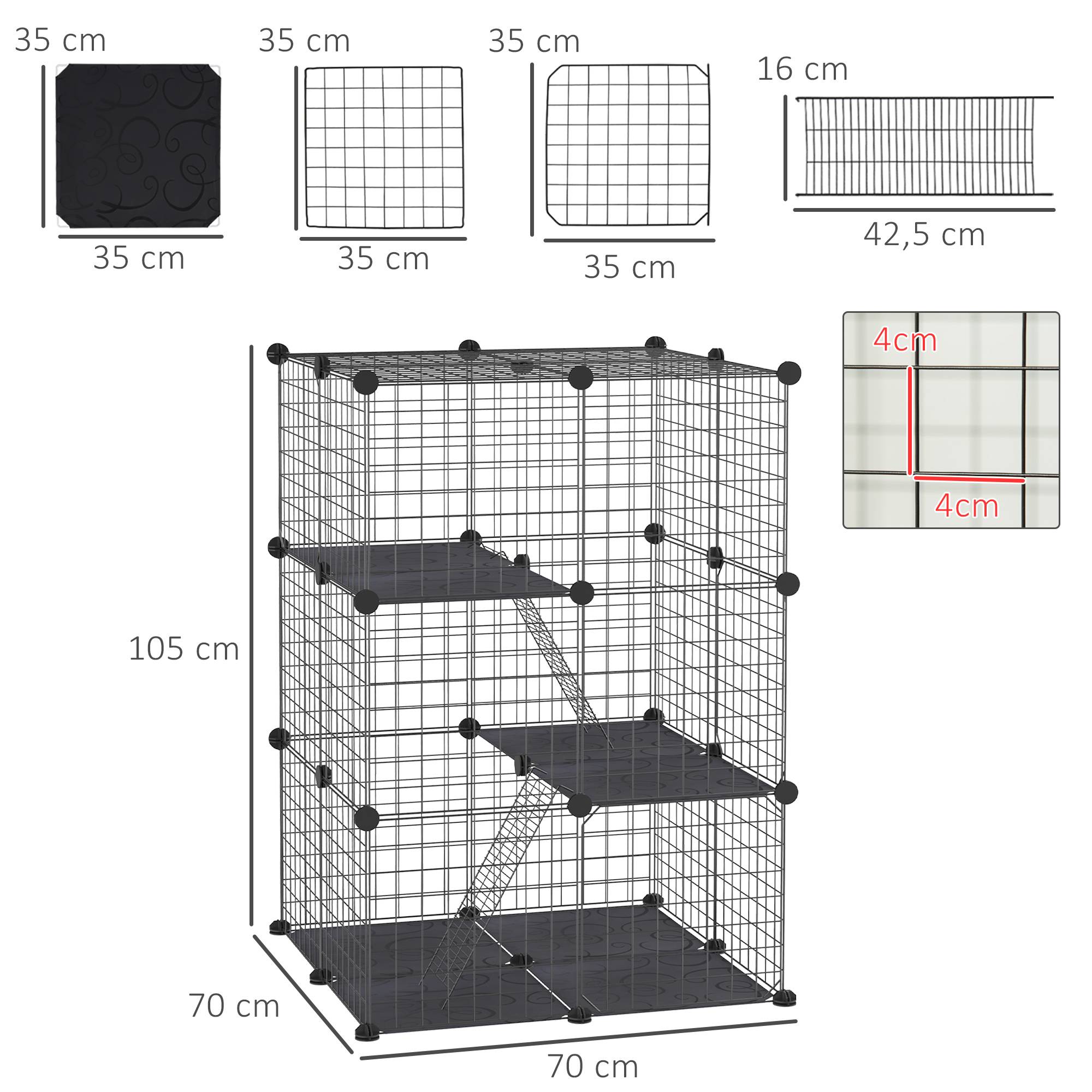 Cage Modulaire 3 Niveaux Métal Rongeurs Lapins Rampes Incluses 70x70x105cm Noir - ComfortXL Outdoor Living - Image 5
