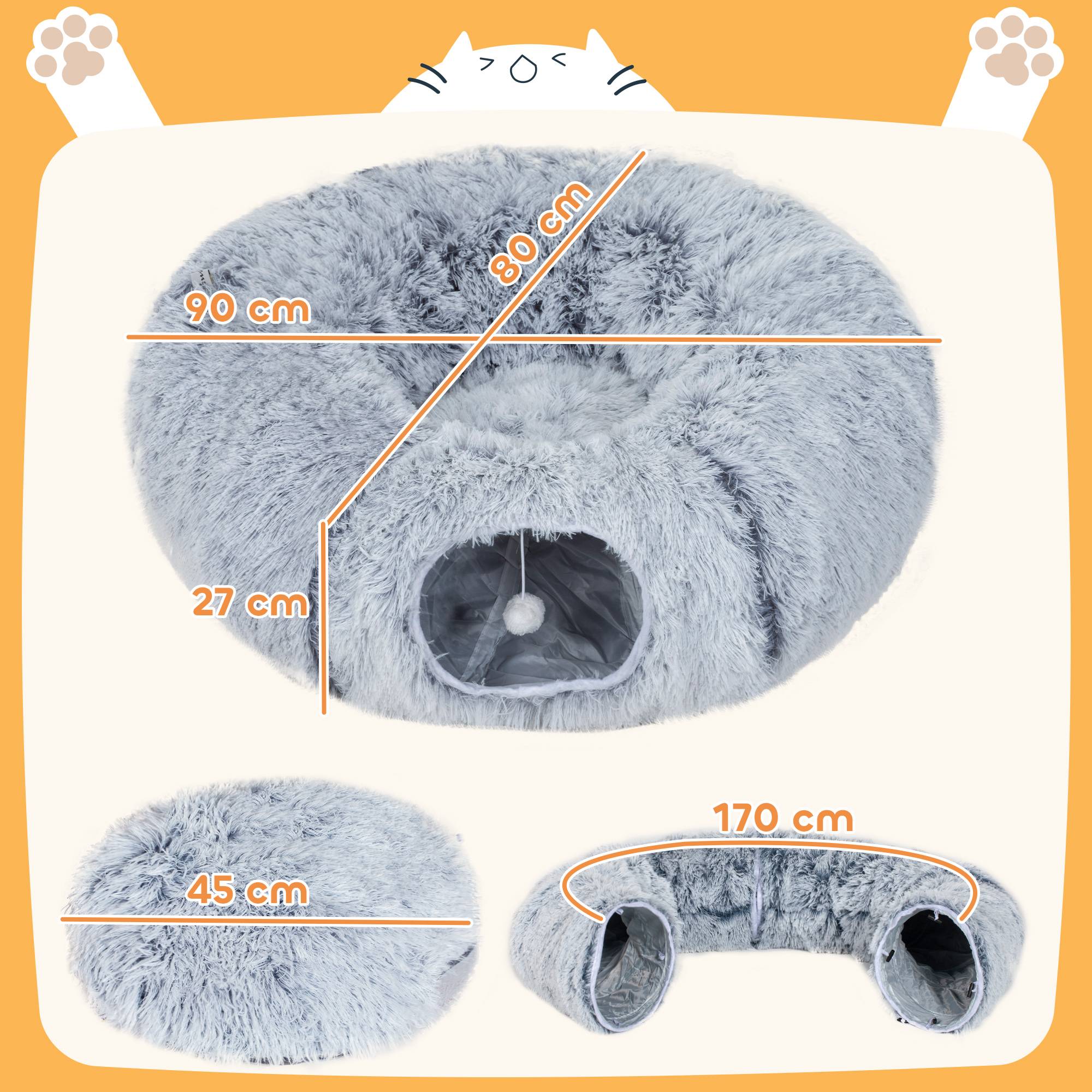 Sans Marque - Tunnel pour Chat Intérieur avec Lit de Chat en Forme de Donut, Coussin Circulaire Lavable, 90x80x27cm, Gris Clair - Image 5