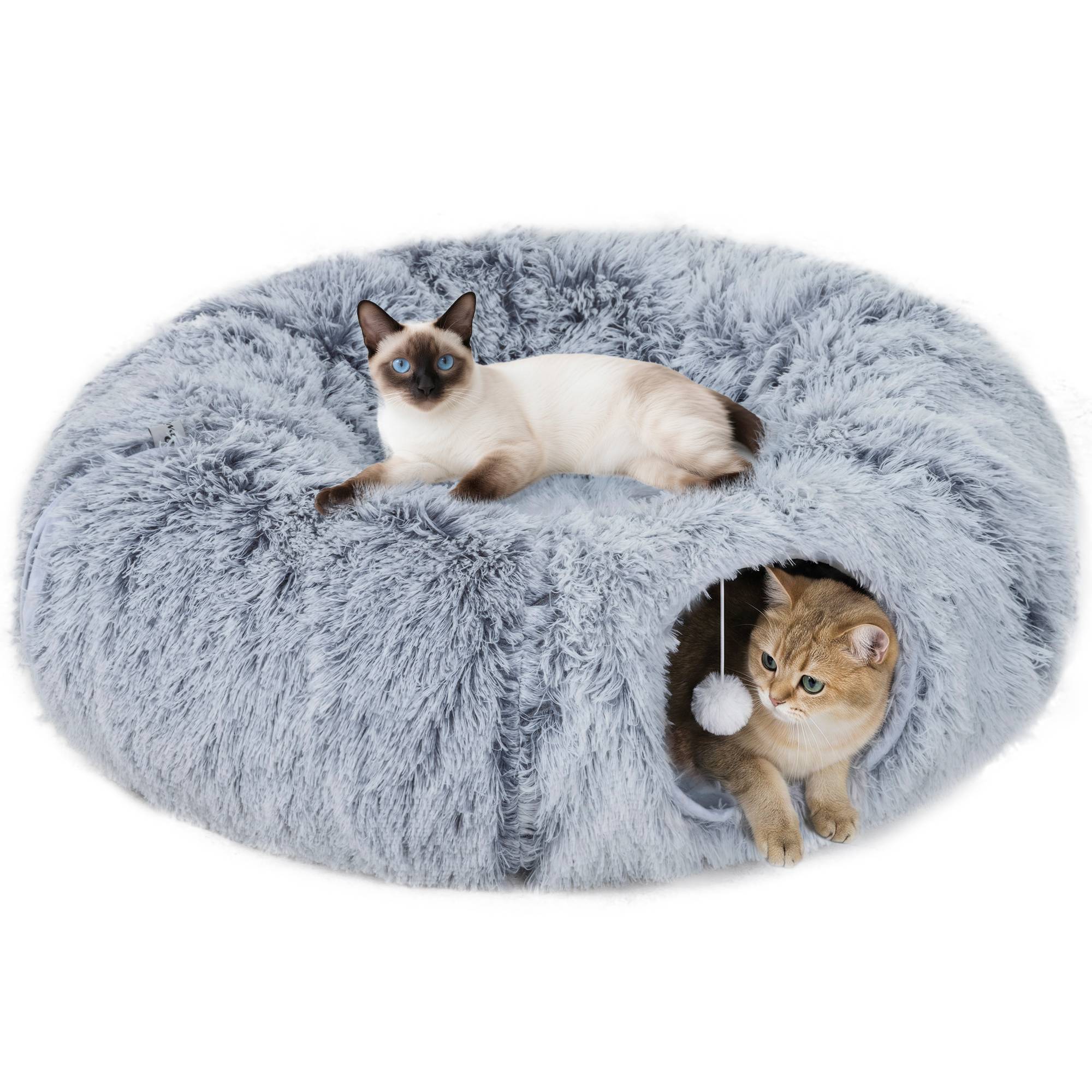 Sans Marque - Tunnel pour Chat Intérieur avec Lit de Chat en Forme de Donut, Coussin Circulaire Lavable, 90x80x27cm, Gris Clair - Image 1