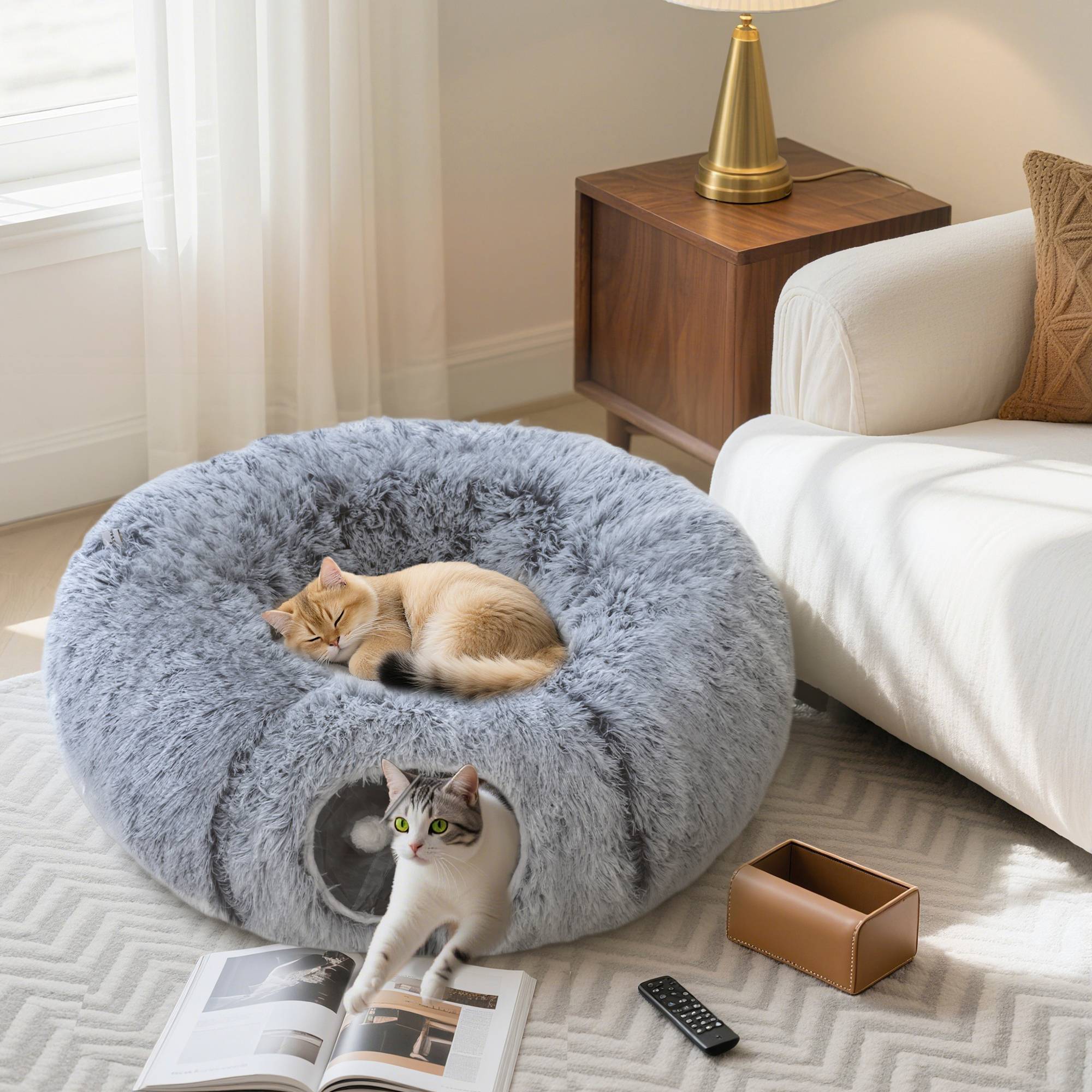 Sans Marque - Tunnel pour Chat Intérieur avec Lit de Chat en Forme de Donut, Coussin Circulaire Lavable, 90x80x27cm, Gris Clair - Image 3