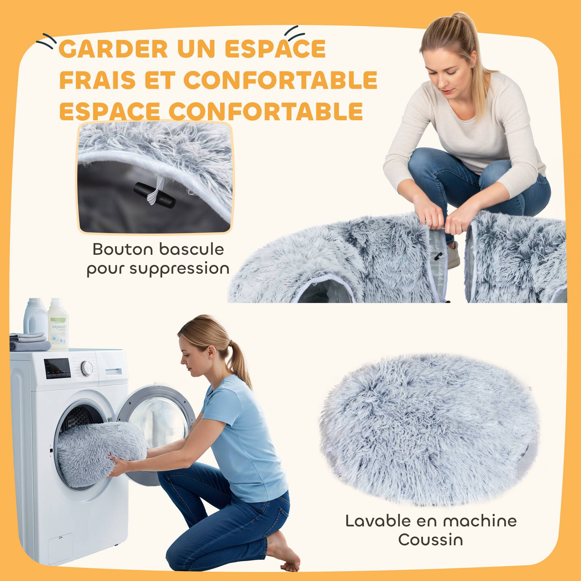 Sans Marque - Tunnel pour Chat Intérieur avec Lit de Chat en Forme de Donut, Coussin Circulaire Lavable, 90x80x27cm, Gris Clair - Image 9
