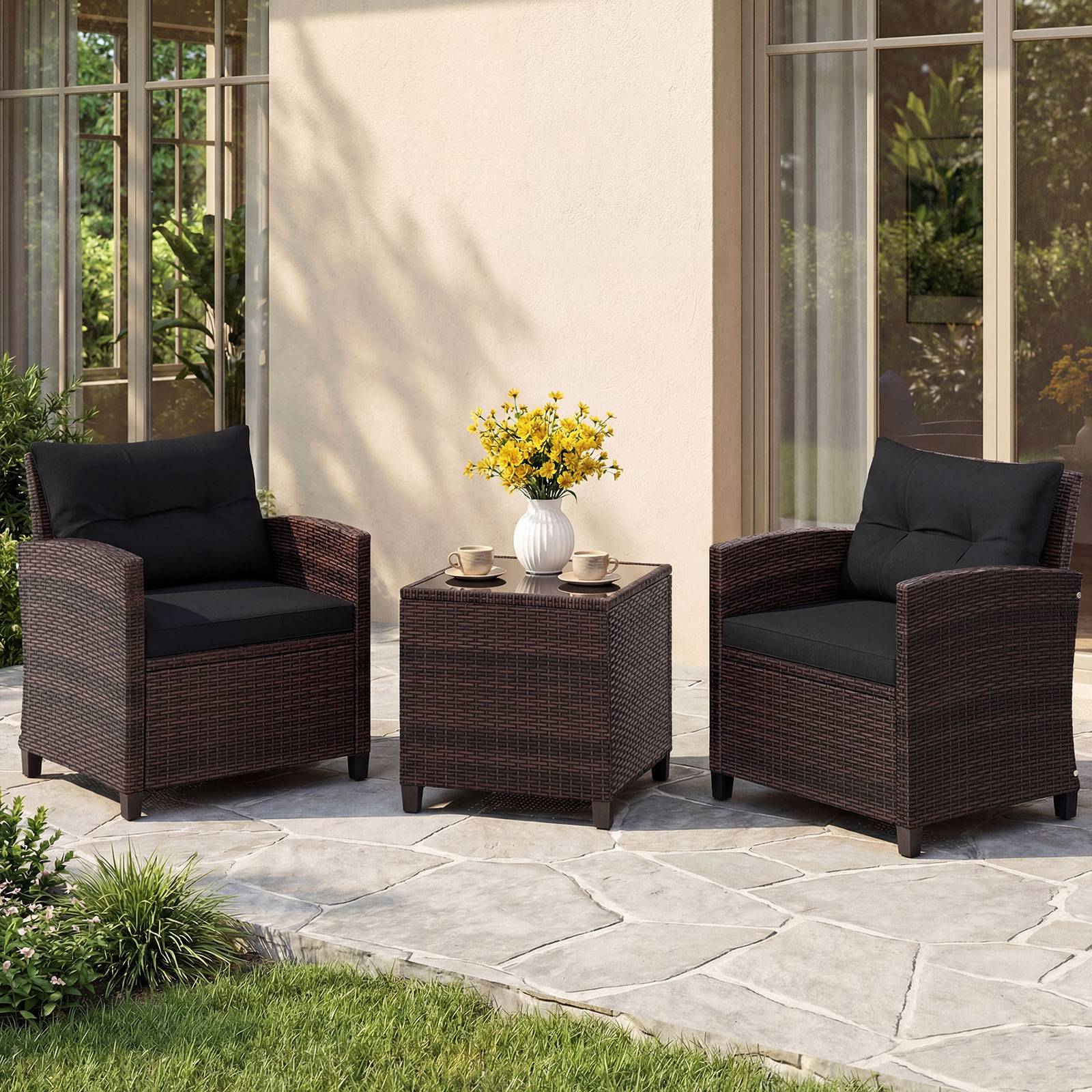 Salon de Jardin en Rotin PE 3 Pièces 2 Places avec Coussins Lavables 1 Table en Verre Trempé Noir MAISON CHIC - Image 6