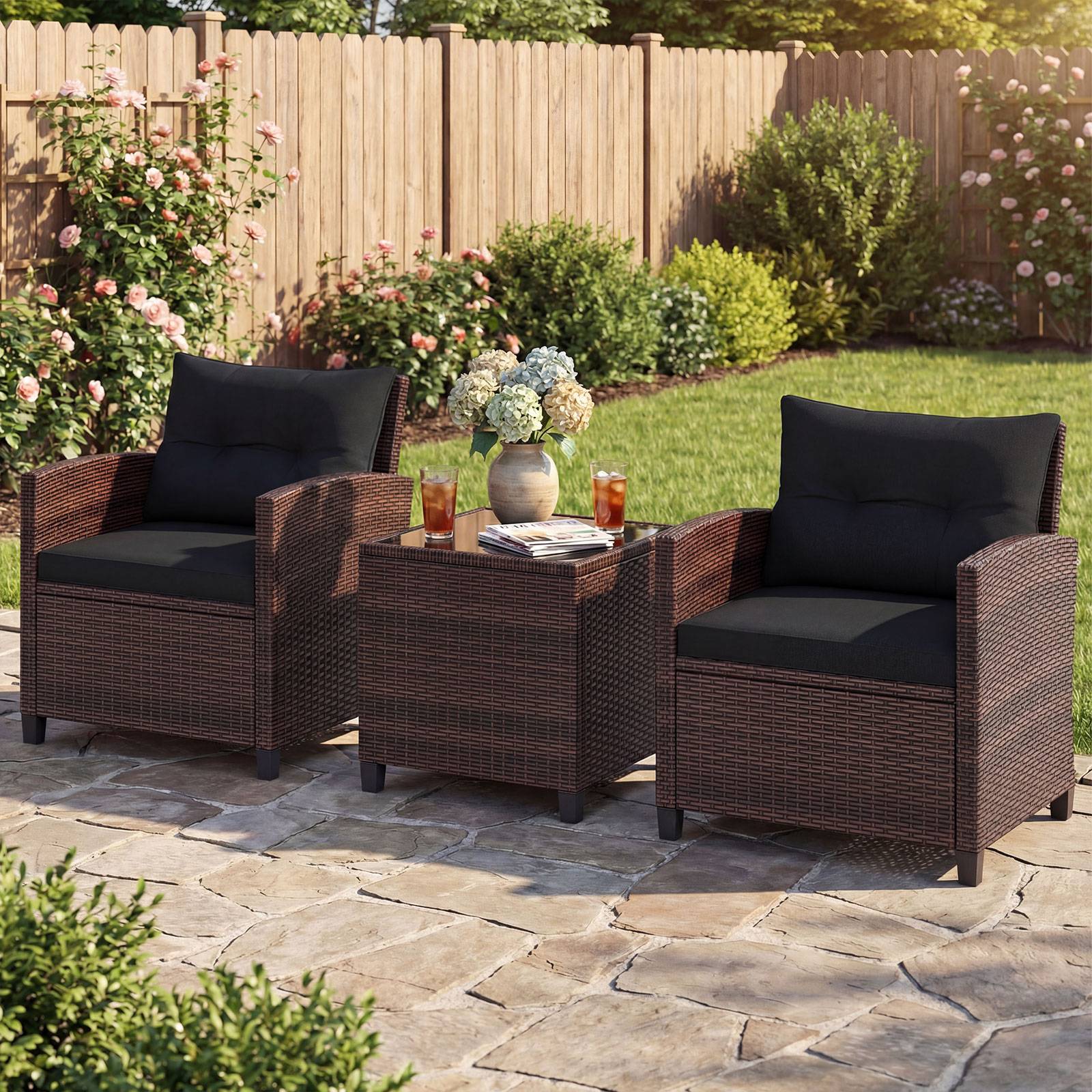 Salon de Jardin en Rotin PE 3 Pièces 2 Places avec Coussins Lavables 1 Table en Verre Trempé Noir MAISON CHIC - Image 4