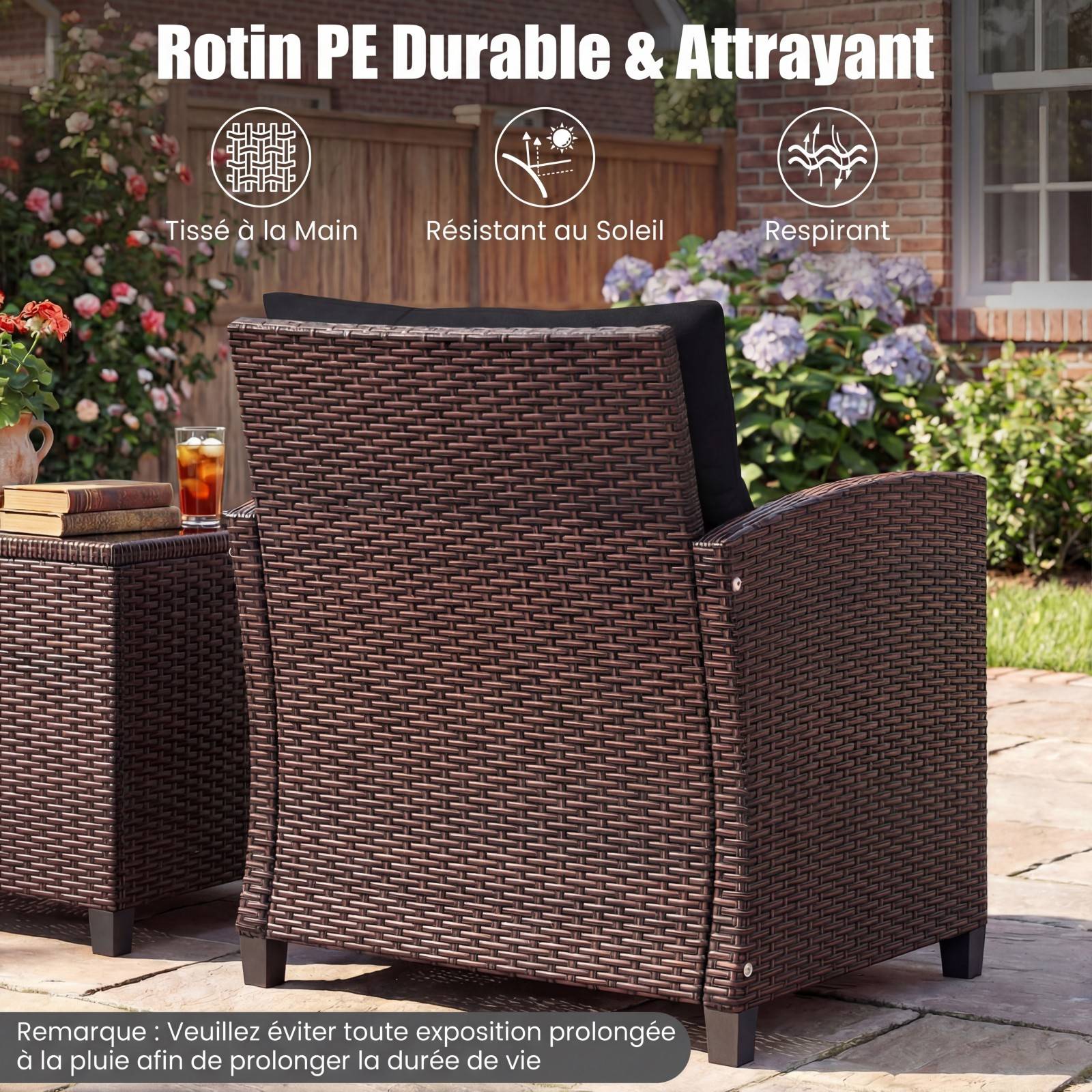 Salon de Jardin en Rotin PE 3 Pièces 2 Places avec Coussins Lavables 1 Table en Verre Trempé Noir MAISON CHIC - Image 8