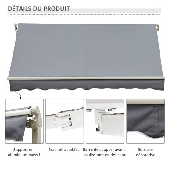 Store banne manuel rétractable 395 x 245 cm, auvent terrasse avec manivelle,aluminium, polyester 280 g/m², protection UV, gris - Image 10