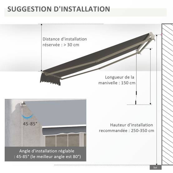 Store banne manuel rétractable 395 x 245 cm, auvent terrasse avec manivelle,aluminium, polyester 280 g/m², protection UV, gris - Image 8