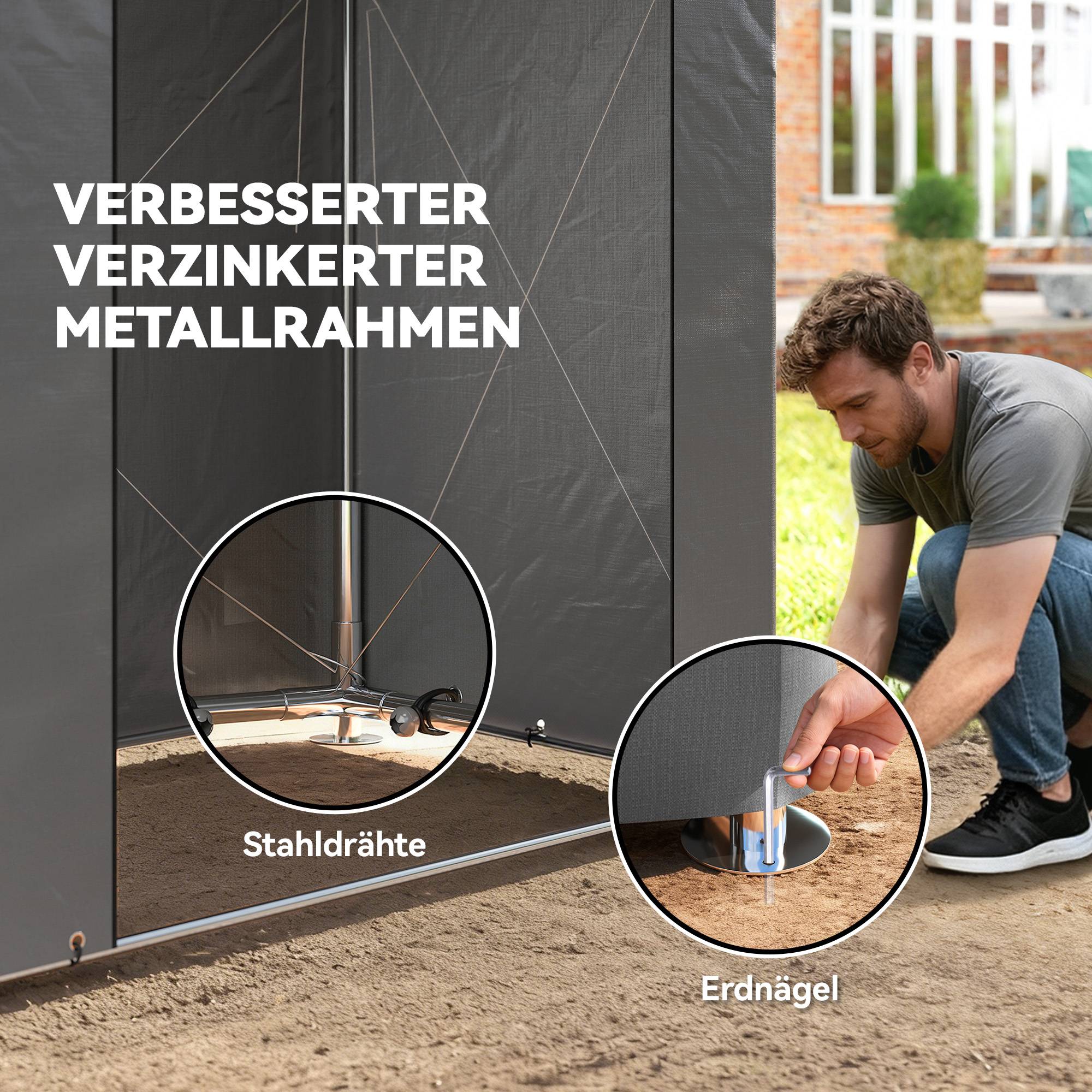 Abri tente garage 1,9x1,2m étanche, porte zip enroulable, fenêtres d'aération, gris foncé - Image 6