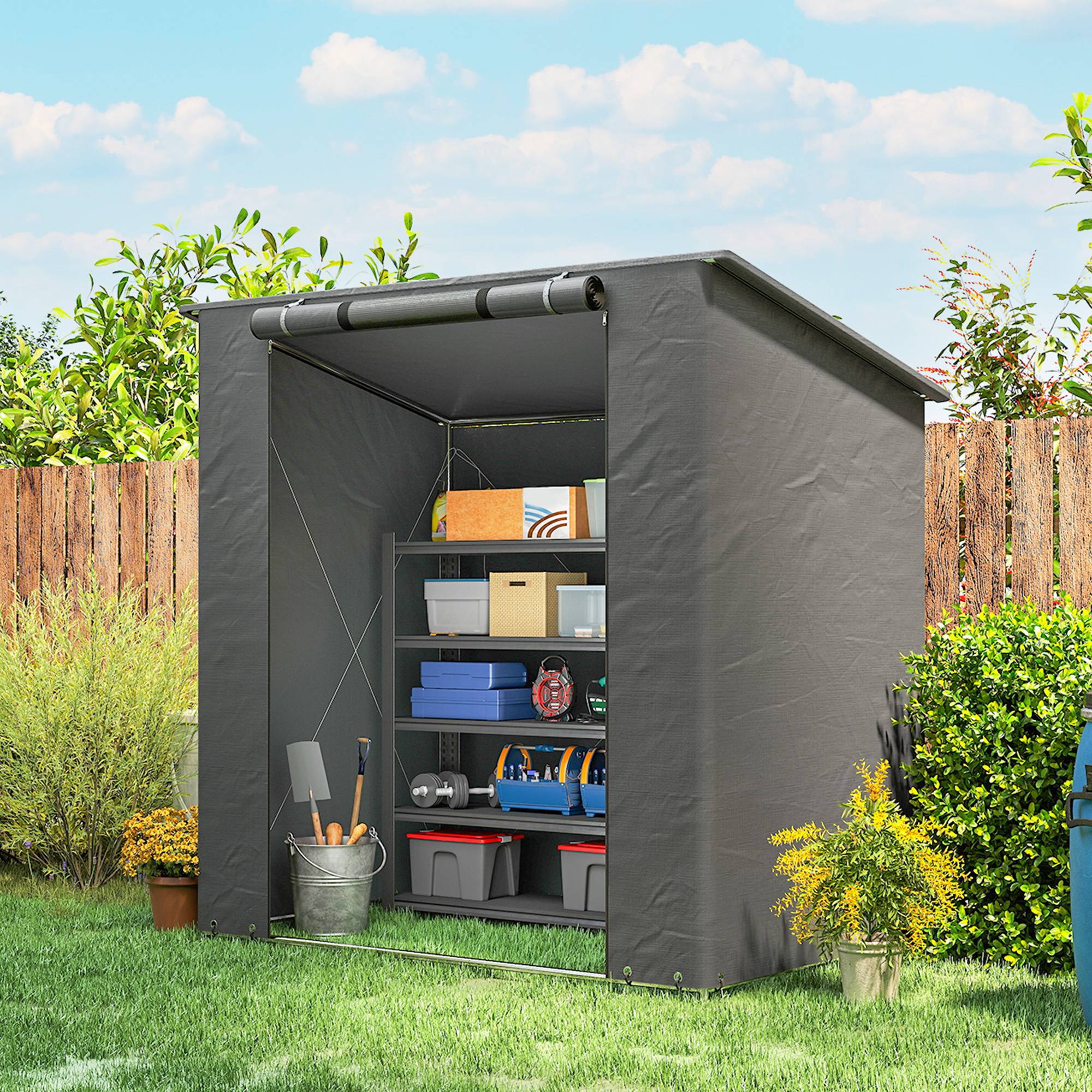 Abri tente garage 1,9x1,2m étanche, porte zip enroulable, fenêtres d'aération, gris foncé - Image 4
