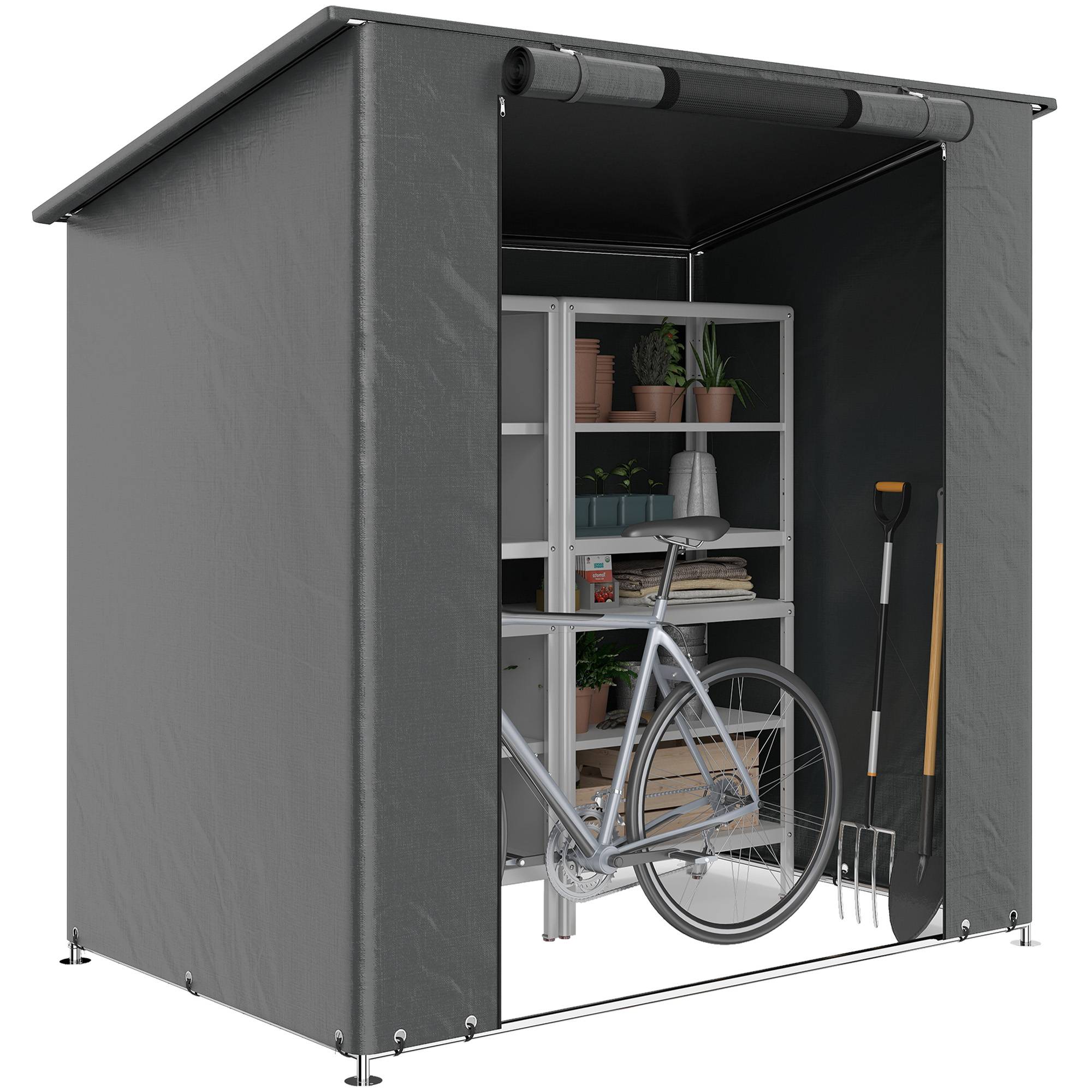 Abri tente garage 1,9x1,2m étanche, porte zip enroulable, fenêtres d'aération, gris foncé