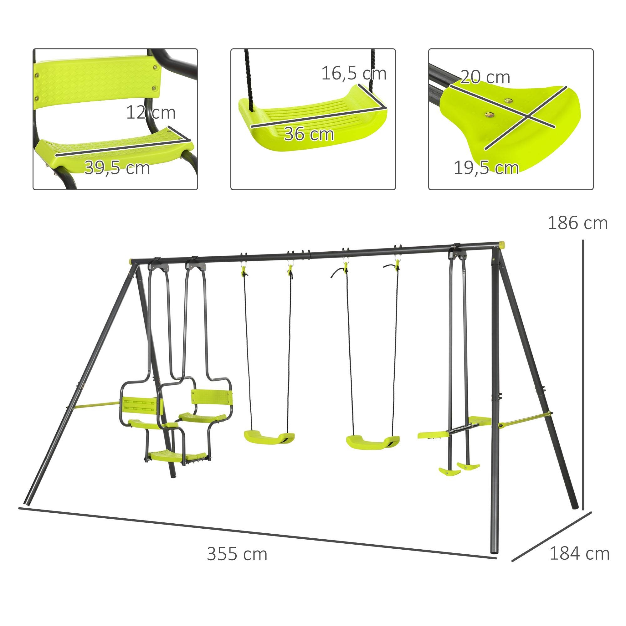 Outsunny - Balançoire 4 agrès portique avec 2 balançoires et 2 face à face dim. 3,55L x 1,84l x 1,86H m acier époxy gris PE vert - Outsunny - Image 3