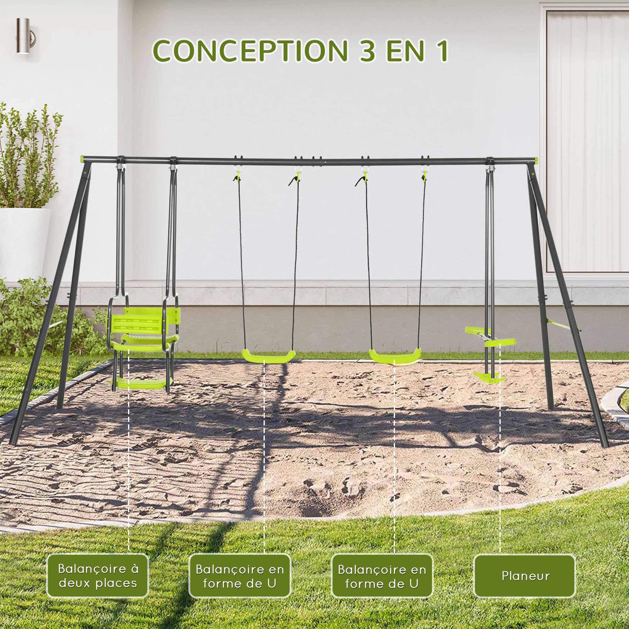 Outsunny - Balançoire 4 agrès portique avec 2 balançoires et 2 face à face dim. 3,55L x 1,84l x 1,86H m acier époxy gris PE vert - Outsunny - Image 4