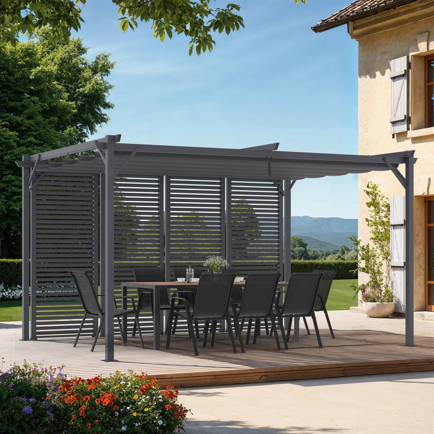 Pergola édition collector persienne toit rétractable 3x4M 4 pans modulables gris anthracite - Image 1